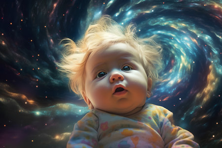 Portrait of a cute little baby girl on a background of cosmic space.の素材