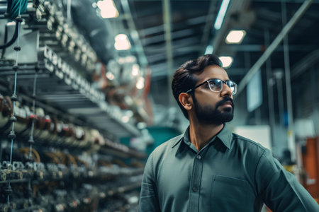 Portrait of a confident young man in eyeglasses standing in a factory.の素材
