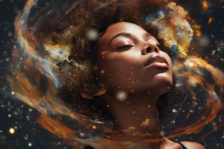 Beauty portrait of young black woman with creative hairstyle over dark background.の素材