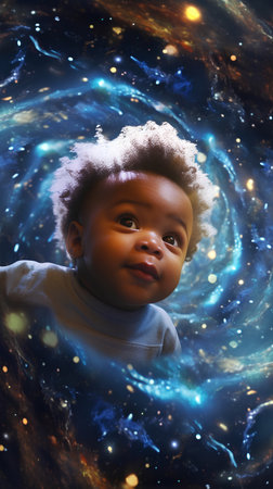 Portrait of a cute little african american baby boy in spaceの素材