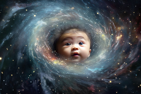 Cute little baby in cosmic space. Child face in deep space.の素材