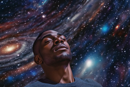 Portrait of a black man with eyes closed against a galaxy backgroundの素材