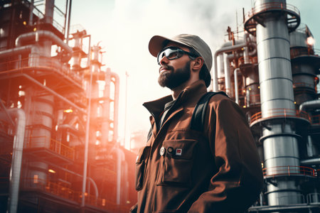 Portrait of a bearded man in sunglasses and a cap on the background of an oil refineryの素材