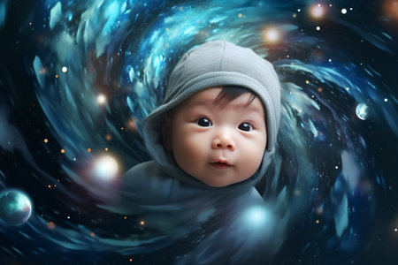 Cute asian baby boy in the space with starry backgroundの素材