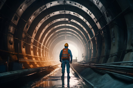 Engineer in yellow helmet and reflective vest standing at the end of tunnel.の素材