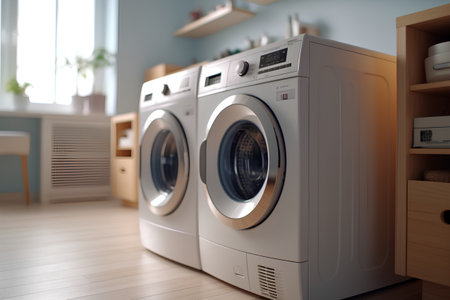 Washing machine in the modern kitchen. 3d render illustration.の素材