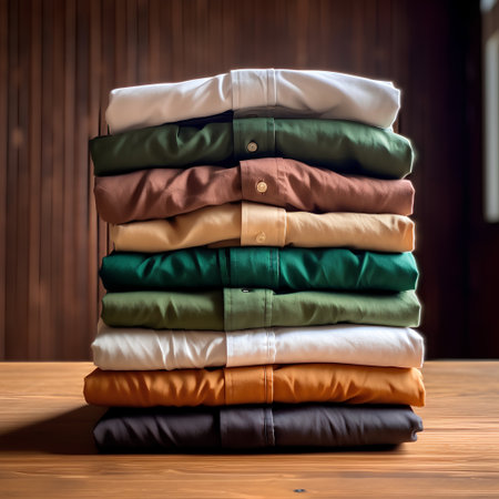 Stack of clothes on a wooden table in a room with a wooden wallの素材