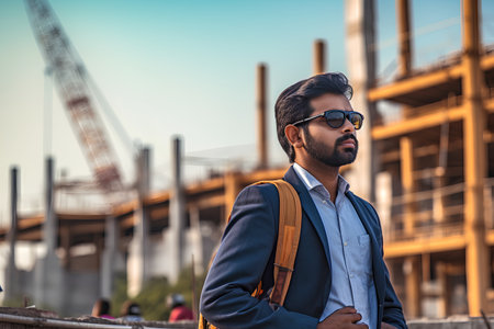 Portrait of a handsome Indian businessman wearing sunglasses and holding a backpack while standing on a construction siteの素材