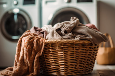 Wicker basket with dirty clothes on wooden floor in laundry room.の素材