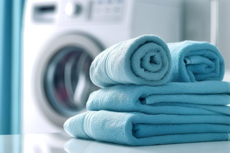 Stack of clean towels with washing machine in background. Toned.の素材
