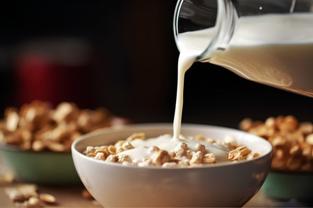 Pouring milk into bowl with walnuts on wooden table, selective focusの素材