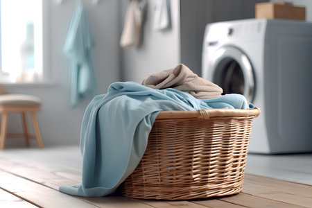 Laundry basket with dirty clothes on wooden floor in laundry roomの素材