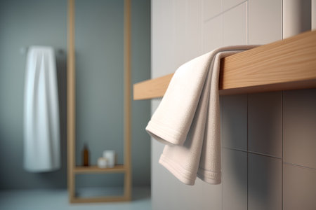 White towel hanging on a wooden shelf in a bathroom. 3d renderingの素材