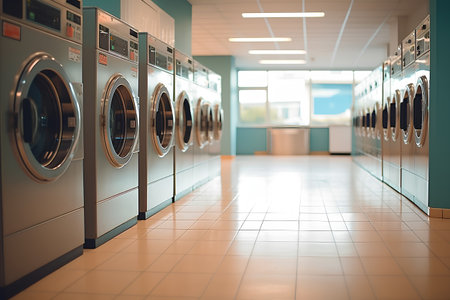 Laundry room with rows of washing machines. 3d renderingの素材