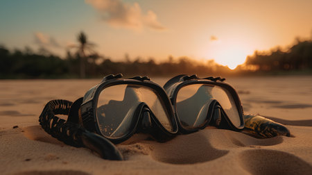Diving mask and snorkel on the beach at sunset.の素材