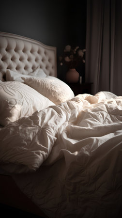 Close up of white bedding sheets and pillows on the bedの素材
