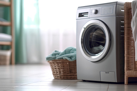 Washing machine and basket with towels on the floor in the roomの素材