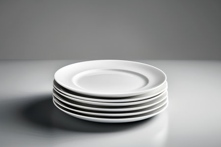 Stack of white plates on a gray background. 3d illustration.の素材