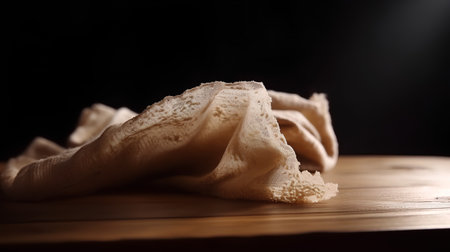 Crumpled beige fabric on a wooden table with dark backgroundの素材