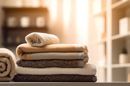 Stack of clean towels on shelf in hotel room. Toned imageの素材