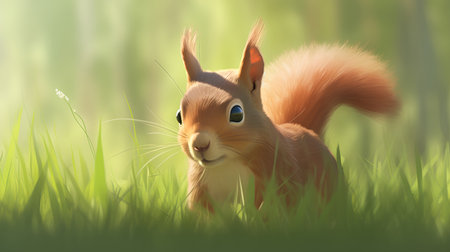 Squirrel in the spring forest. 3d render. Vector illustration.の素材