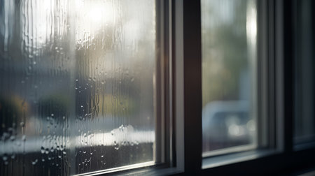 Raindrops on the window. Rain drops on the windowsill.の素材
