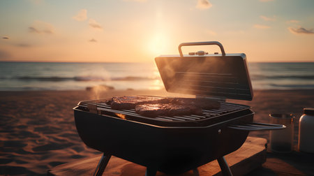 Barbecue grill with grilled steak on the beach at sunset or sunriseの素材