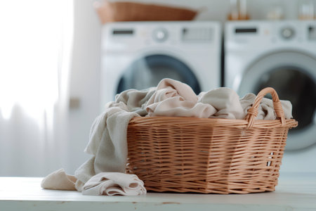 Laundry basket with clean towels and washing machine in the backgroundの素材