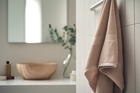 Closeup of beige towel on a white wall in a bathroomの素材