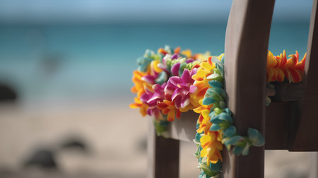 Colorful flower garland on the beach. Selective focus.の素材