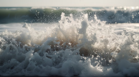 Waves splashing on the beach at sunset. Shallow depth of field.の素材