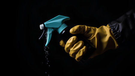 A hand in a yellow glove holds a sprayer on a black background.の素材