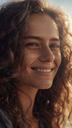 Portrait of a beautiful young woman with long curly hair. Close-up portrait of a smiling girl with closed eyes.の素材