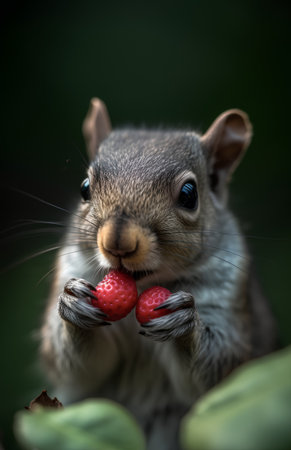 Close-up of a grey squirrel with a strawberry in its mouthの素材