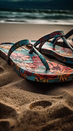Pair of colorful flip flops on the sand at the beachの素材