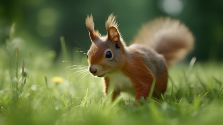 Eurasian red squirrel (Sciurus vulgaris) on a green meadowの素材
