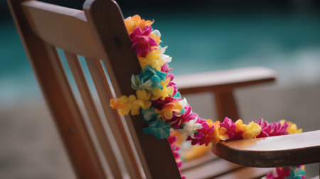 Colorful flower garland on wooden chair in front of sea.の素材