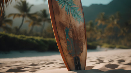 Surfboard on the beach with palm trees and sand. 3D Renderingの素材