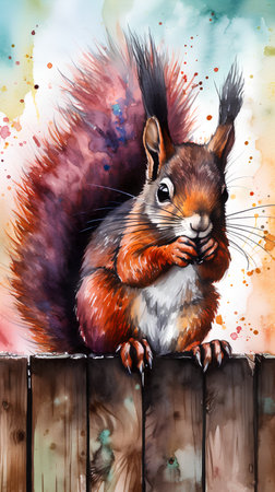 Watercolor squirrel on a wooden fence. Hand drawn illustration with watercolor splash.の素材