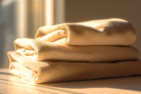 Close up of stack of beige towels on the windowsill.の素材