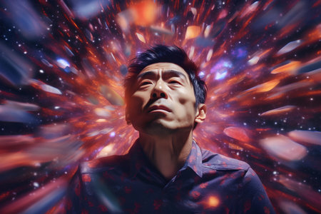 Portrait of a handsome young asian man looking up with his eyes closed.の素材