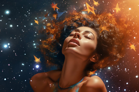 Portrait of a beautiful african american woman with curly hair and stars in the backgroundの素材