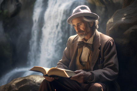 Elderly man reading a book in front of a waterfall.の素材