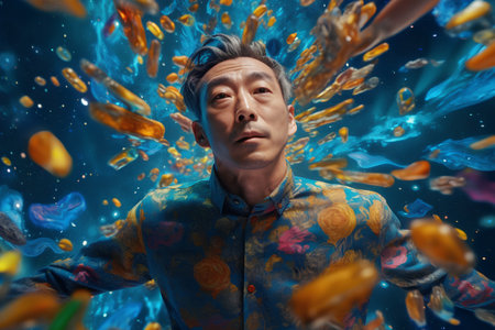 Asian man in blue shirt with falling petals on his head.の素材