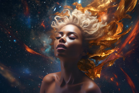 Beautiful african american woman with creative hairstyle. Portrait of sensual young woman with curly hair.の素材