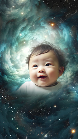Cute little baby in a starry outer space. 3d renderingの素材