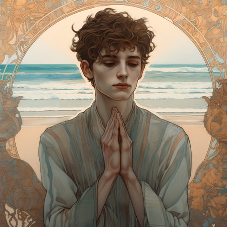 3D illustration of a young man praying in front of the oceanの素材