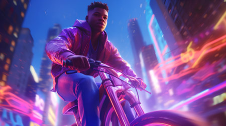 Young african american man riding bicycle in city at night.の素材