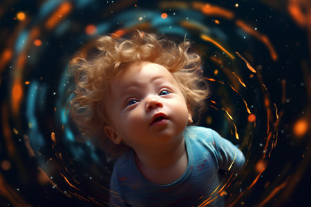 Portrait of a beautiful little boy with curly hair on abstract backgroundの素材