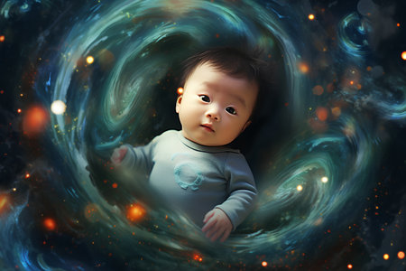 3d rendering of a cute little baby boy in a dreamlike spaceの素材